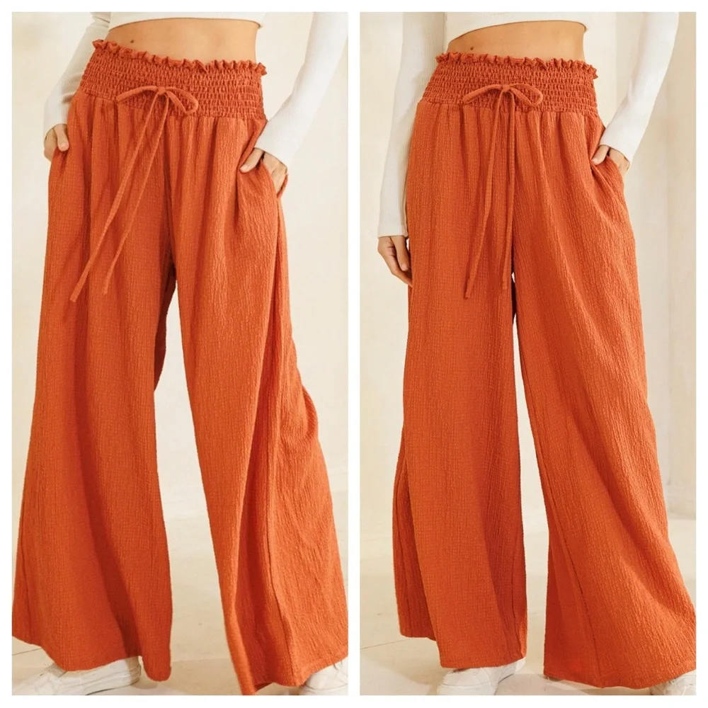 12 Boho Smocked Waist Wide Leg Pants - Picture 3 of 3